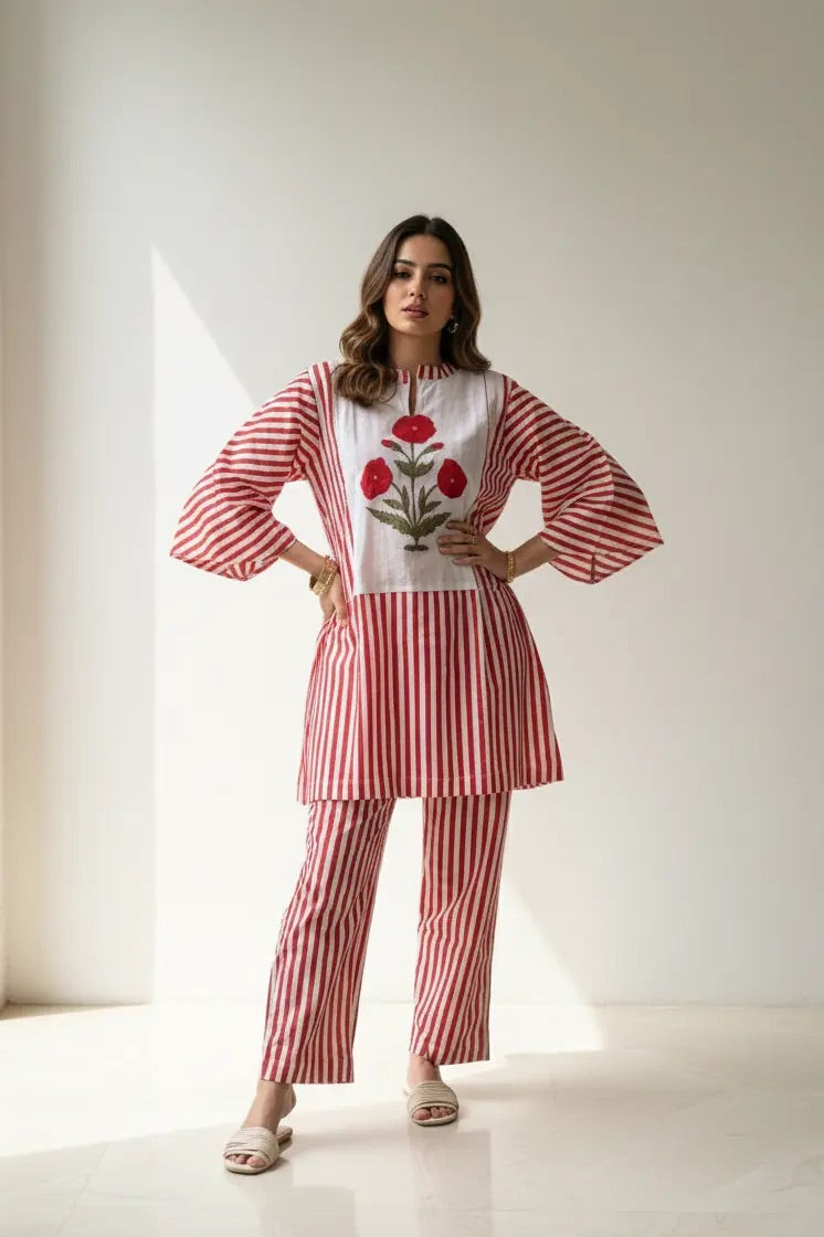 Red Motif Stripes Co-ord Set