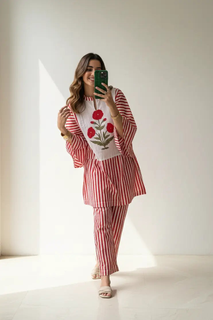 Red Motif Stripes Co-ord Set