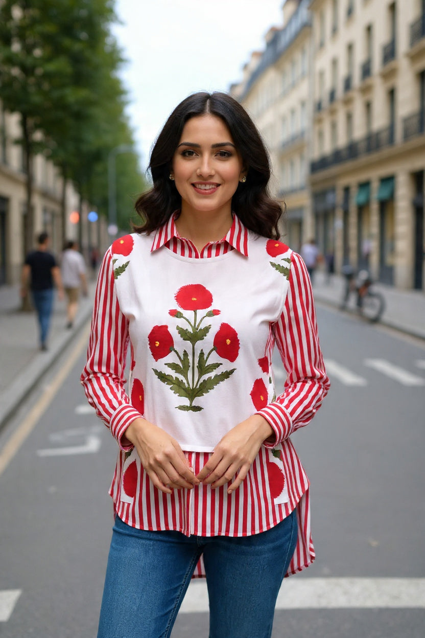 Red Stripe Shirt + Motif Flap - 100% Cotton Shirt I Nehfi