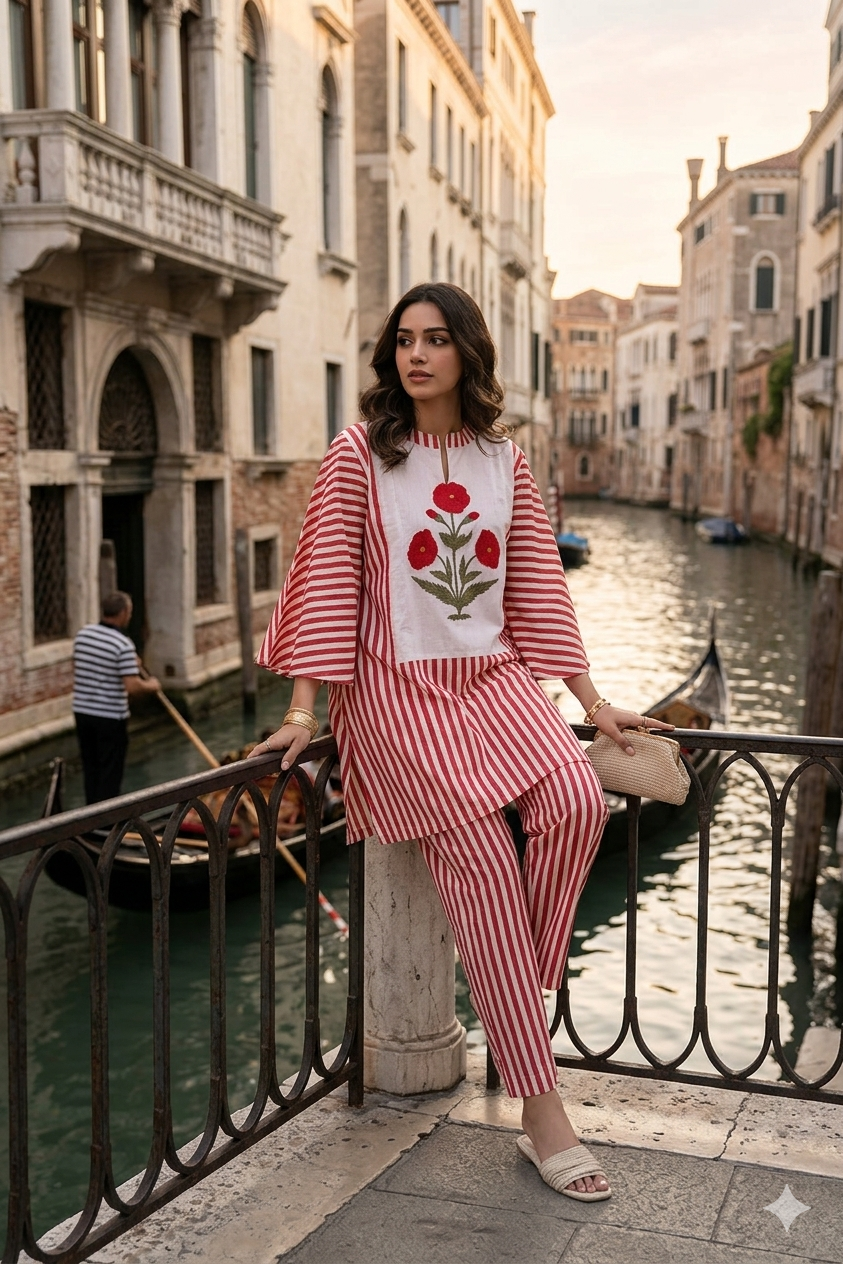 Woman in a red and white outfit standing by a canal in Venice