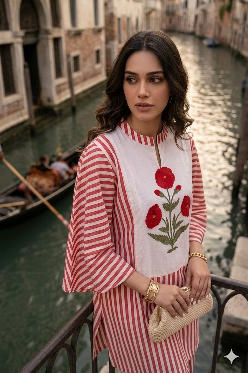 Woman in a red and white striped outfit with floral design standing by a canal.