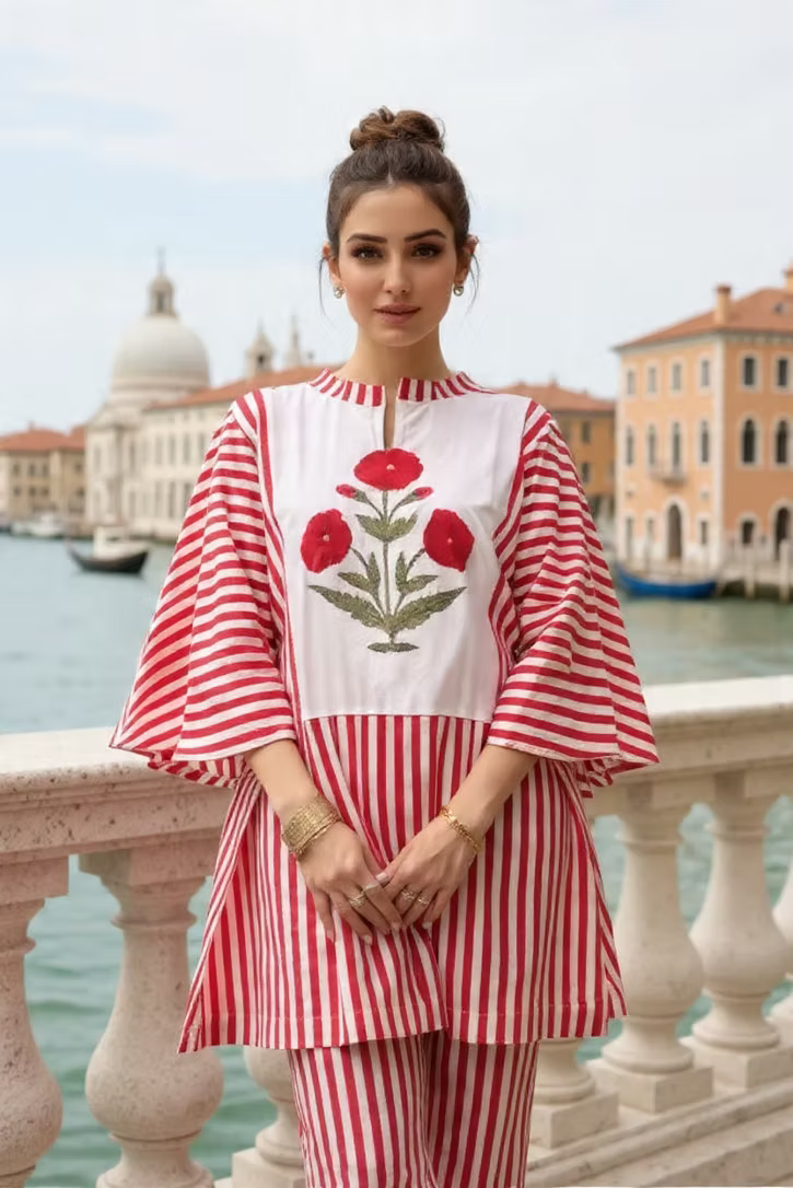 Red Motif Stripes Co-ord Set - Nehfi Jaipur