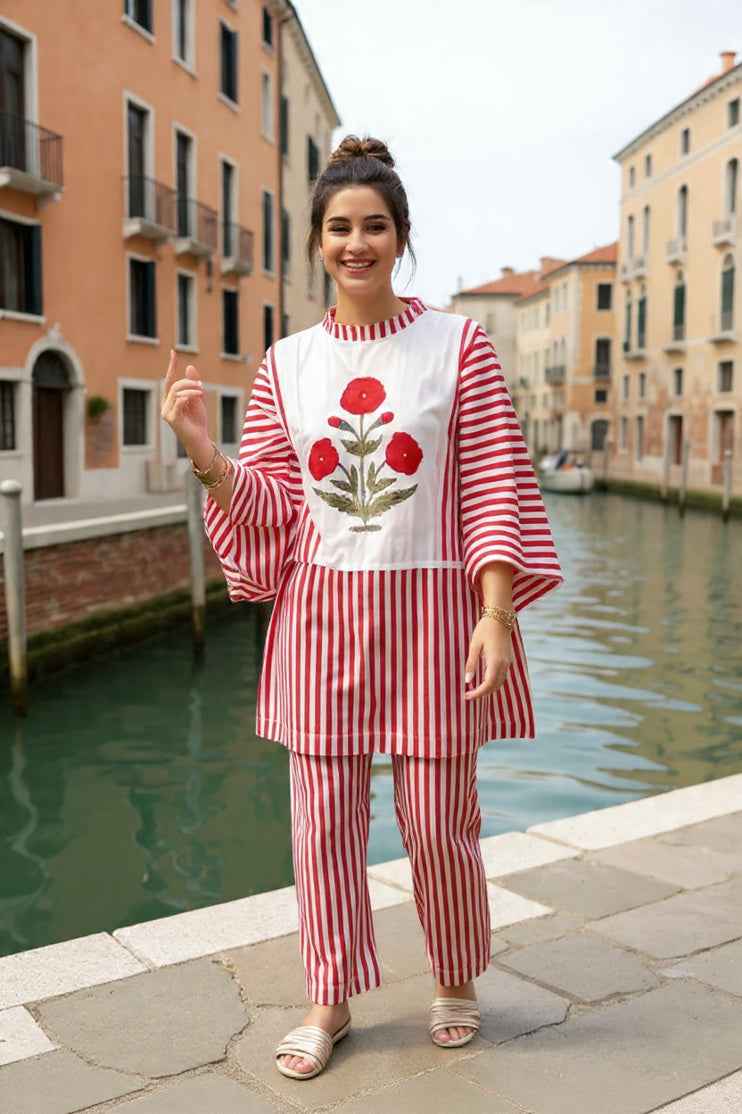Red Motif Stripes Co-ord Set