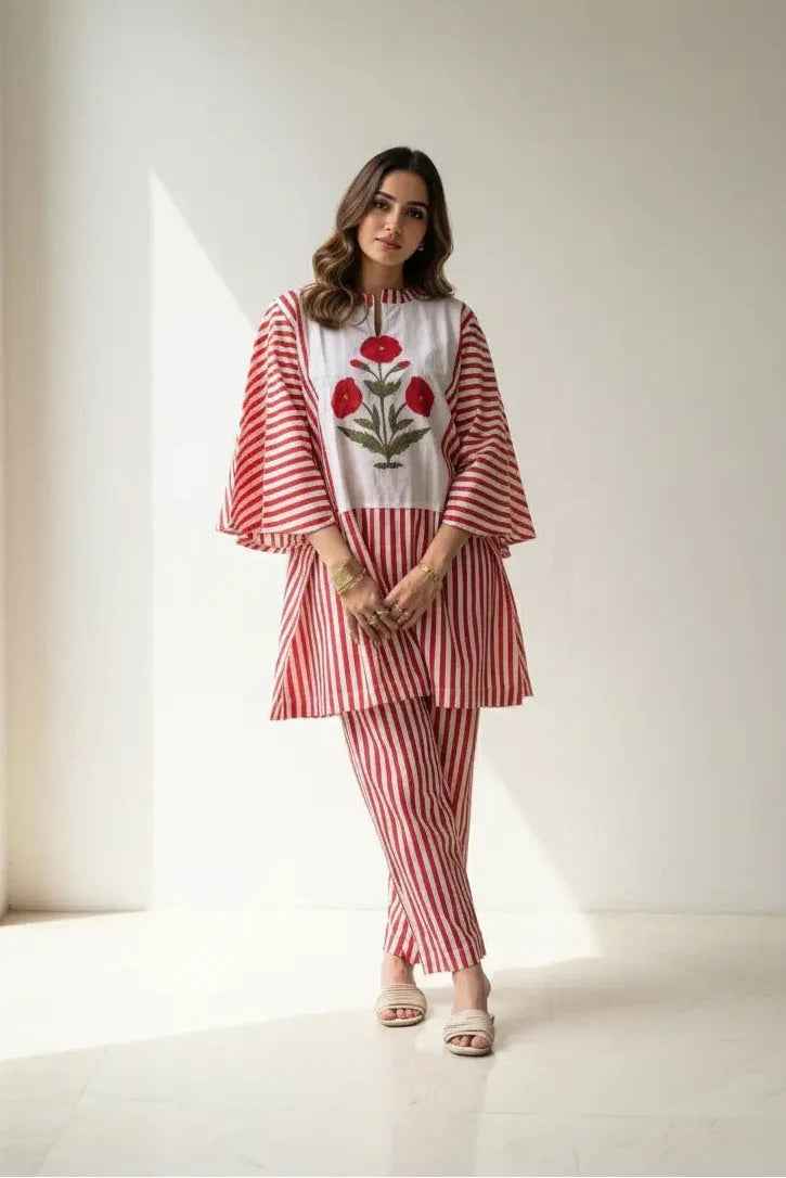 Red Motif Stripes Co-ord Set
