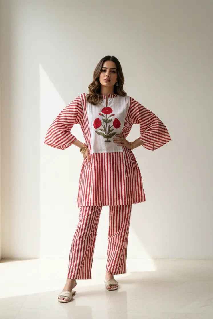 Red Motif Stripes Co-ord Set