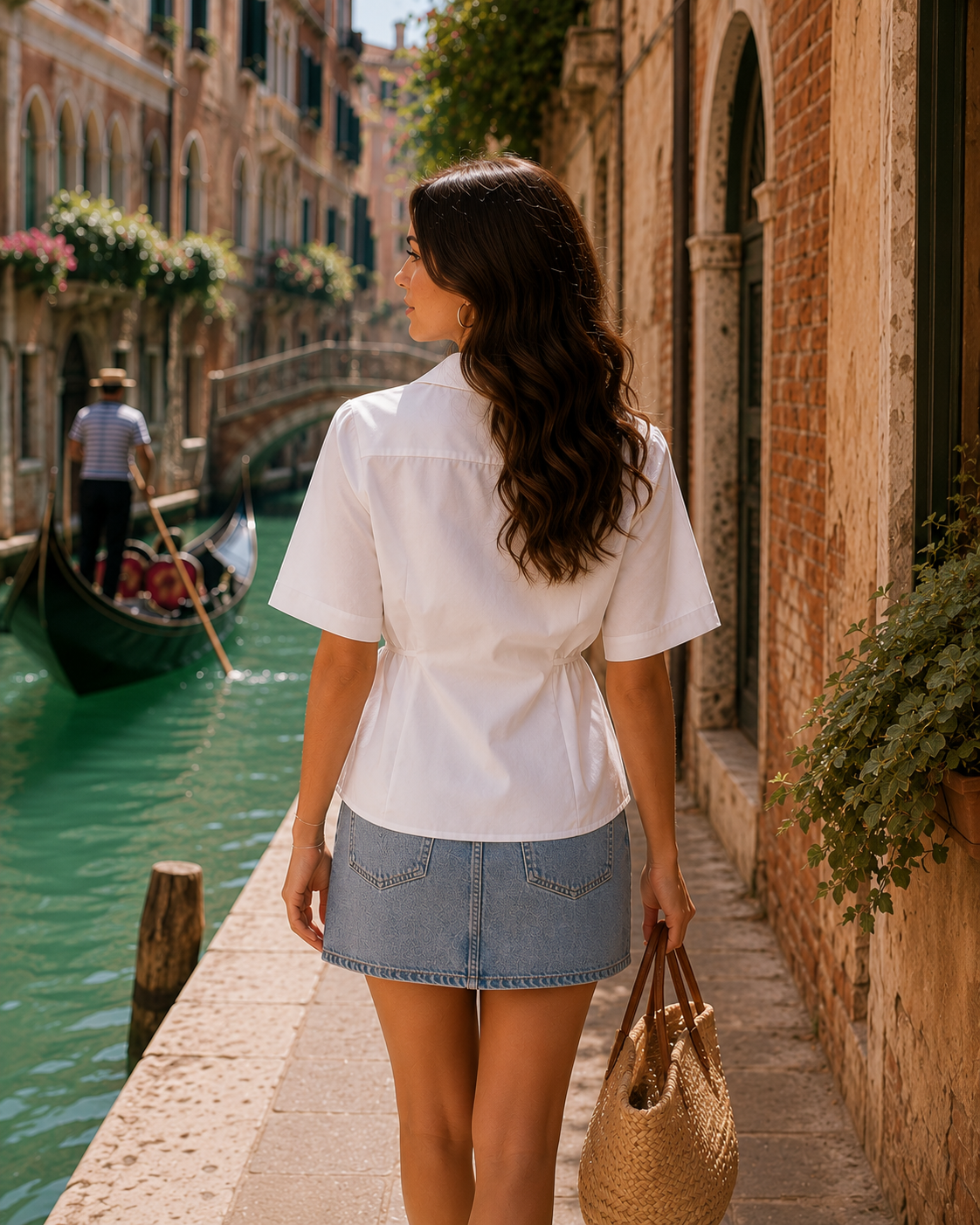 A woman is shown from behind walking along a canal-side path in a Venice-like setting, wearing a white short-sleeve button-up shirt and a light blue denim mini skirt, while carrying a woven straw tote bag.