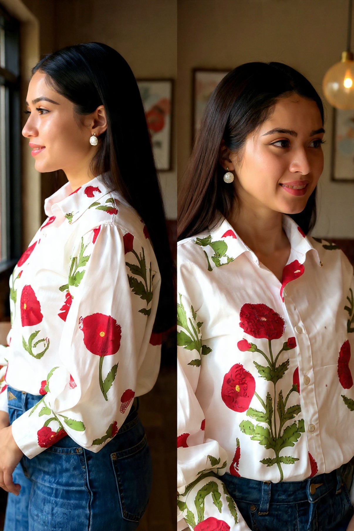 Woman wearing a white shirt with red floral patterns in two different poses.