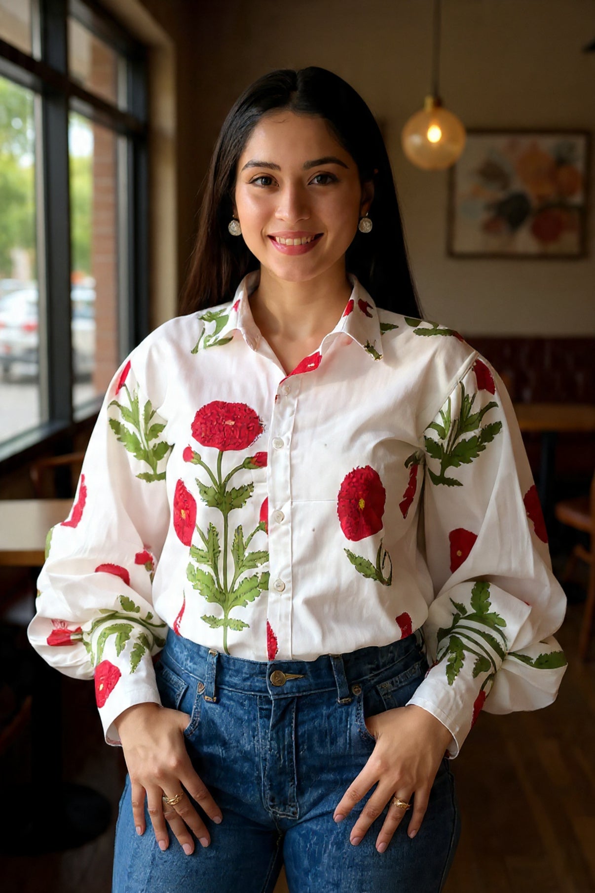 Woman wearing a white blouse with red floral patterns in a casual setting