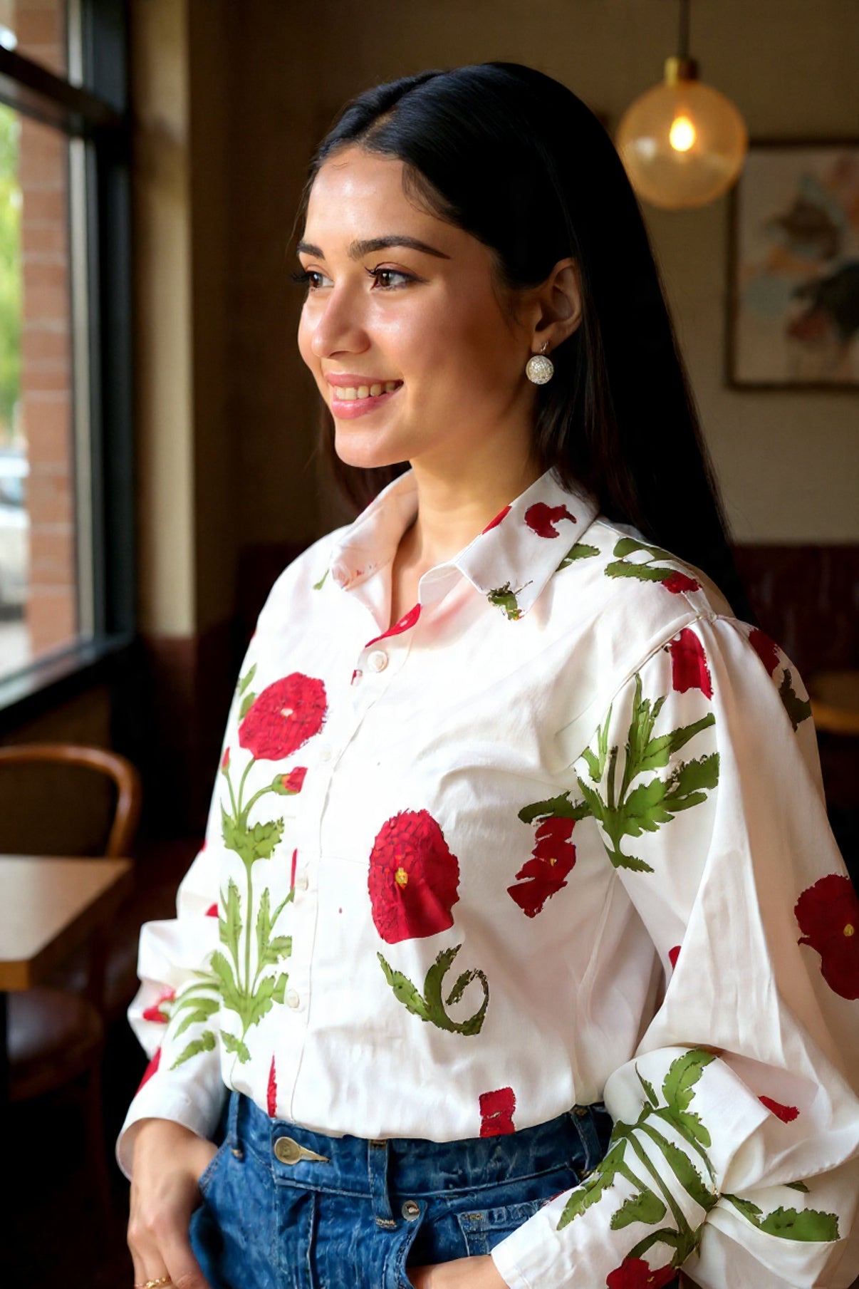 Woman wearing a white blouse with red floral embroidery in a casual setting.