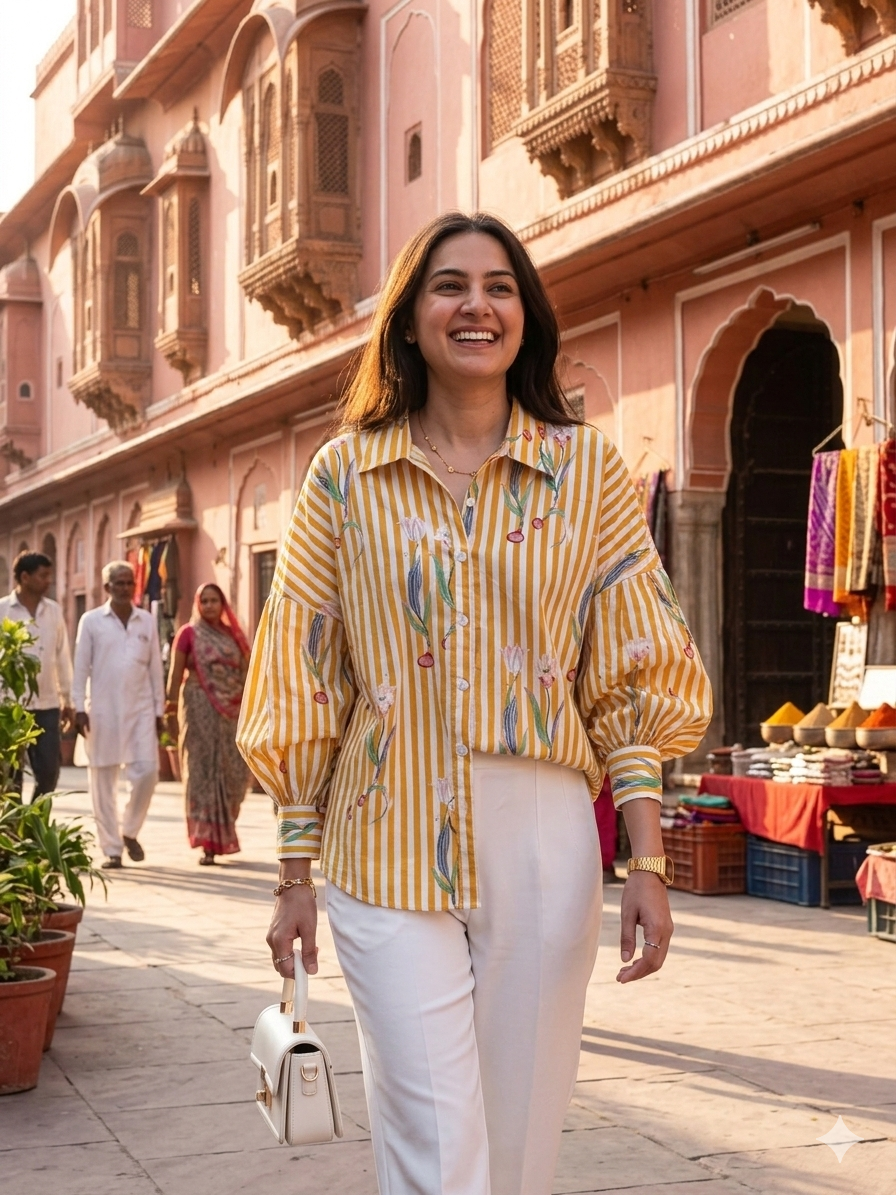 Woman in a yellow patterned shirt and white pants walking in front of a pink building with people in the background.