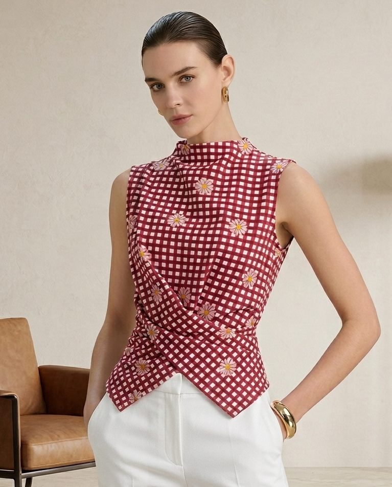 A woman models a sleeveless wrap-style top with a red and white gingham pattern and small floral accents, paired with white trousers in a softly lit indoor setting.
