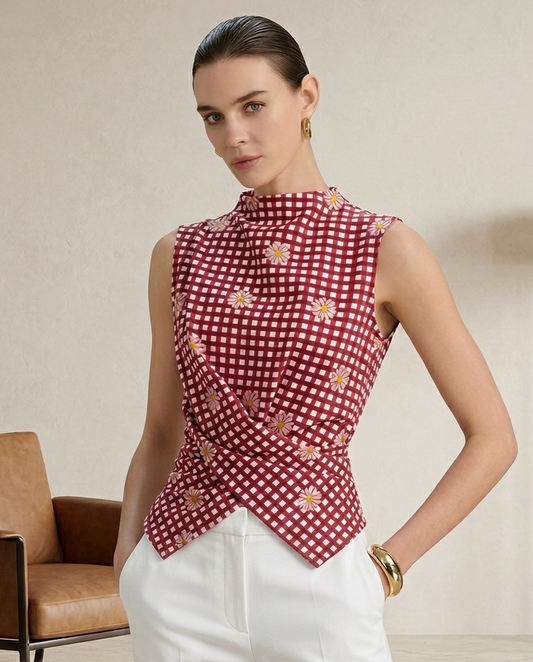 A woman models a sleeveless wrap-style top with a red and white gingham pattern and small floral accents, paired with white trousers in a softly lit indoor setting.