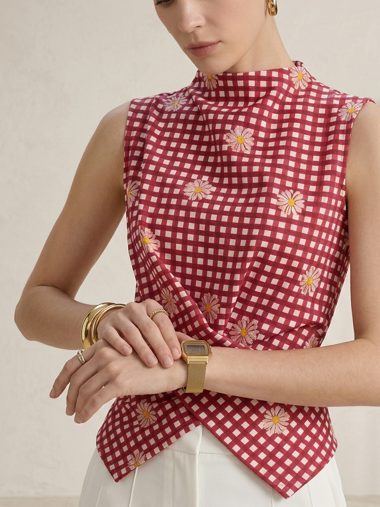 A woman wearing a sleeveless high-neck top with a red and white gingham pattern and small daisy floral prints, paired with white pants. She is shown looking down while adjusting her watch in a softly lit indoor setting.