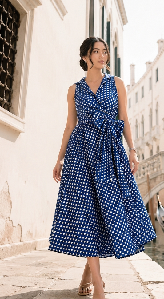 Woman in a blue checks dot dress standing on a street in Venice.