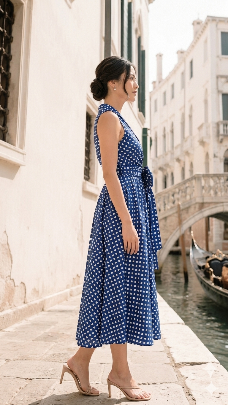 Woman in a blue checks dot dress standing by a canal in an Italian city.
