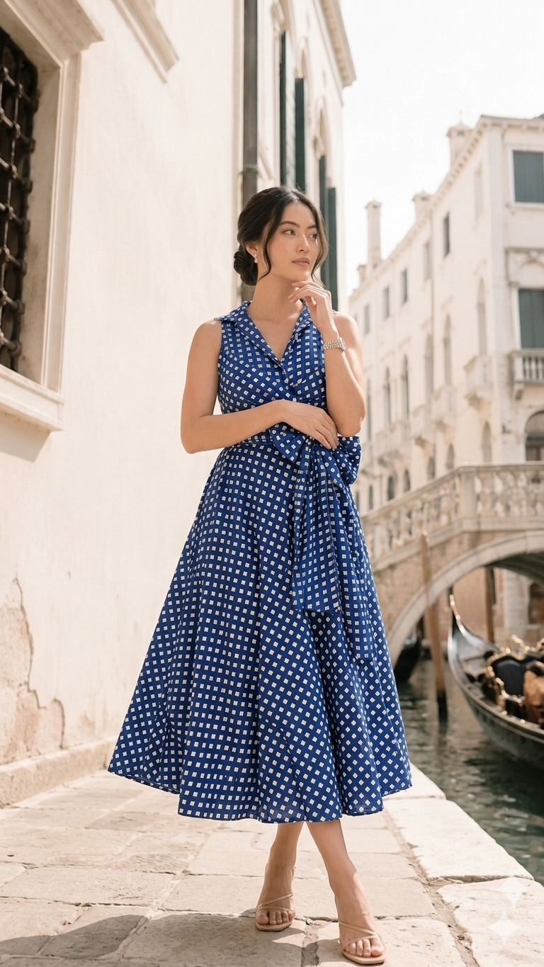 Woman in a blue checks dot dress standing by a canal with historic buildings in the background