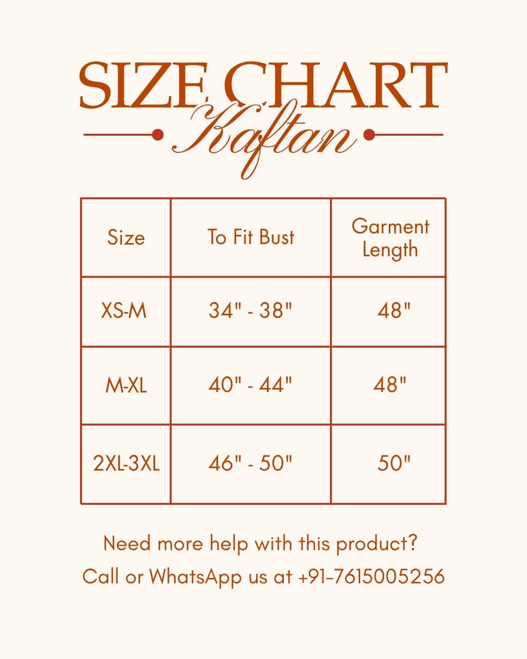 Size chart for Kaftan garments showing size ranges from XS-M to 2XL-3XL, to fit bust measurements in inches, and corresponding garment length of 48 inches.