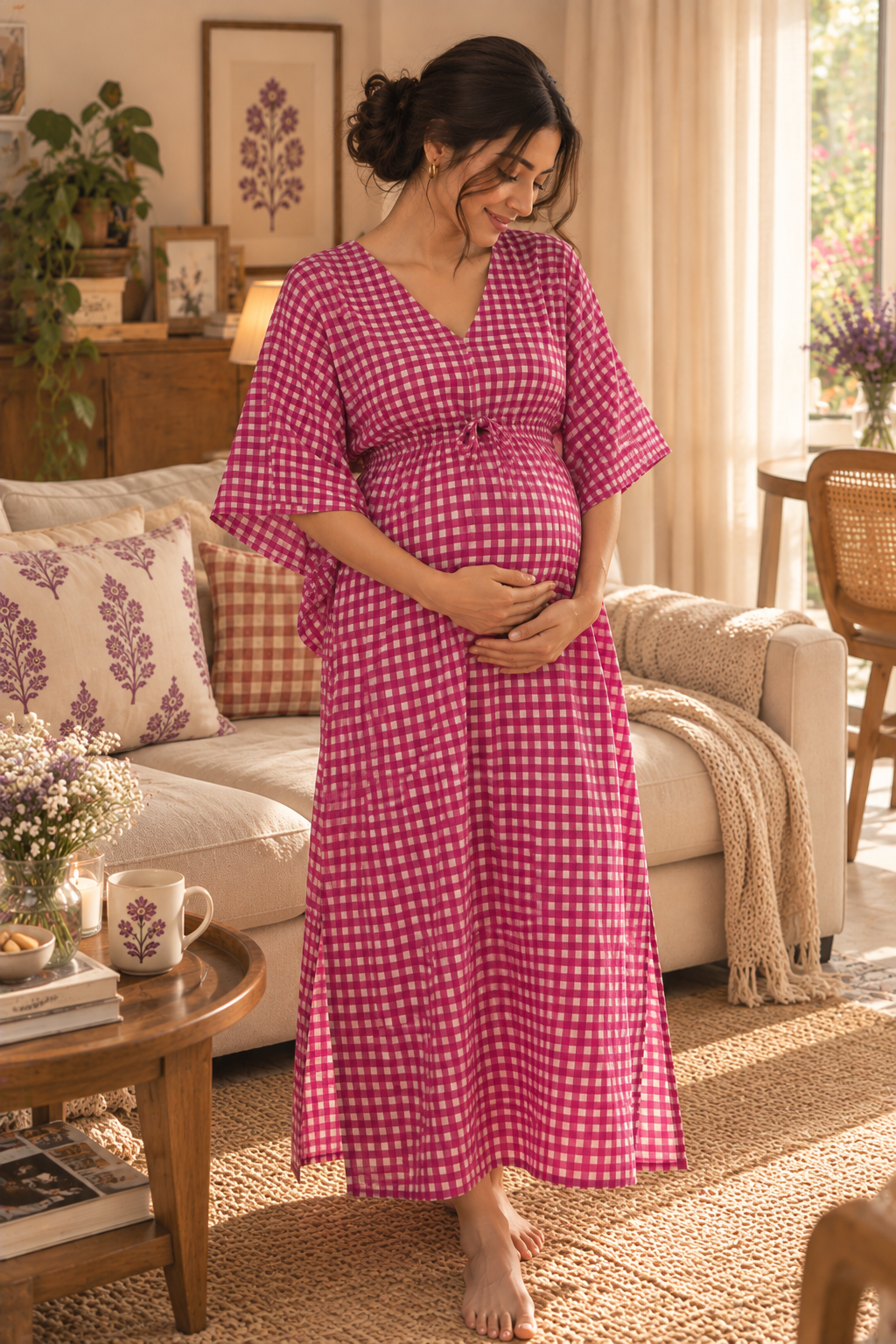 A pregnant woman wearing a pink and white gingham maternity dress standing in a cozy, sunlit living room with a sofa, throw blanket, and wooden coffee table.