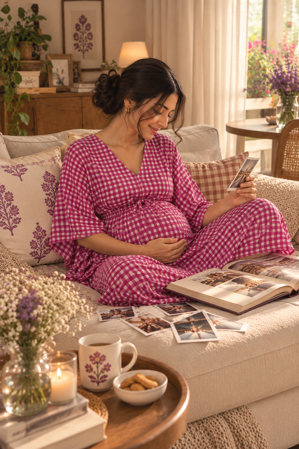 A pregnant woman wearing a pink and white gingham maternity robe sits on a beige sofa in a cozy living room, holding a phone and looking at a photo album.