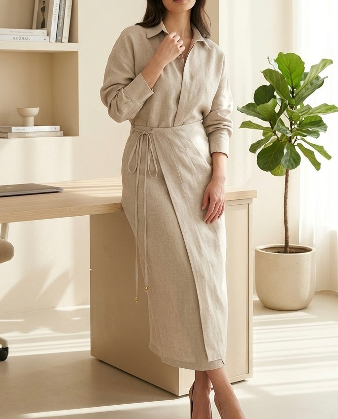 Woman in a beige dress standing in a bright room with a desk and plant.