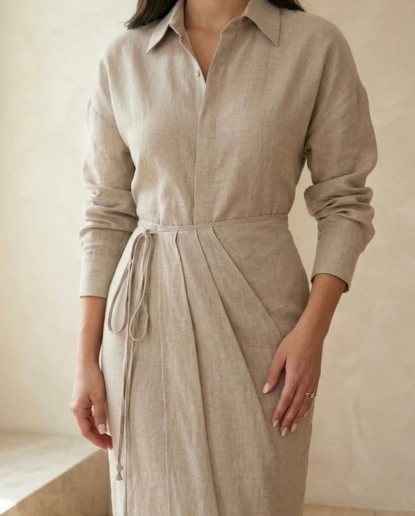 Beige dress worn by a person against a neutral background