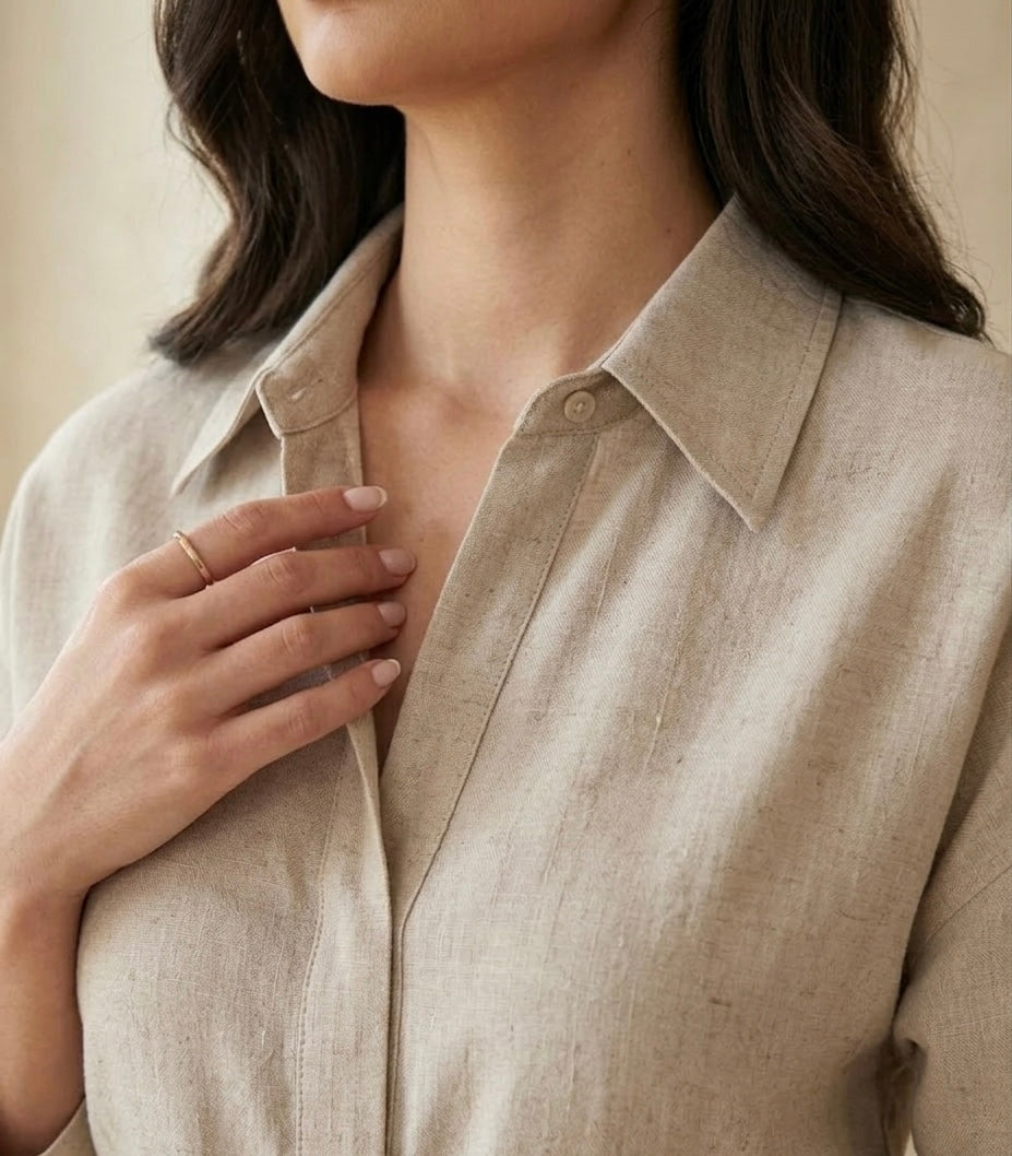 Close-up of a person wearing a beige button-up shirt against a neutral background