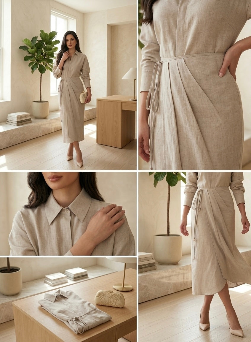 Woman in a beige outfit in a minimalistic room with plants and furniture.