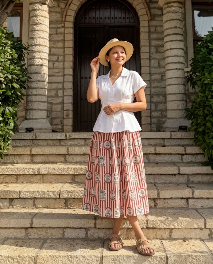 A woman stands on stone steps in front of a stone building, wearing a white short-sleeve collared blouse and a midi skirt with vertical red stripes and circular motifs, along with a straw hat and sandals.