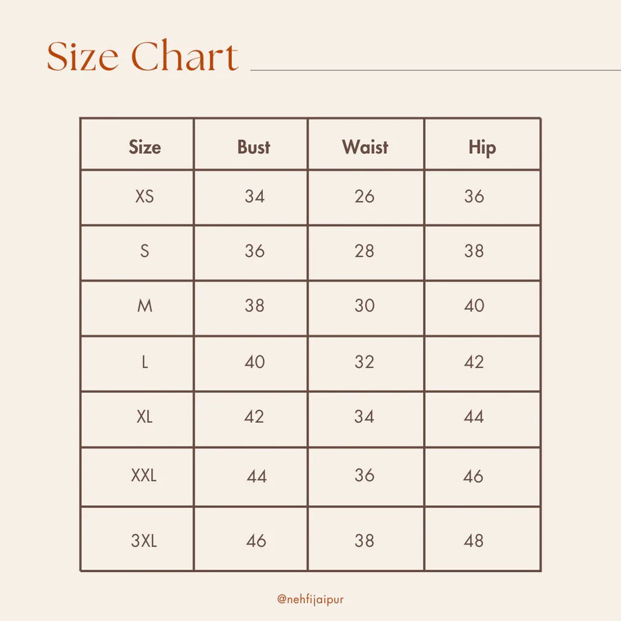 Size chart for clothing measurements with bust, waist, and hip dimensions.