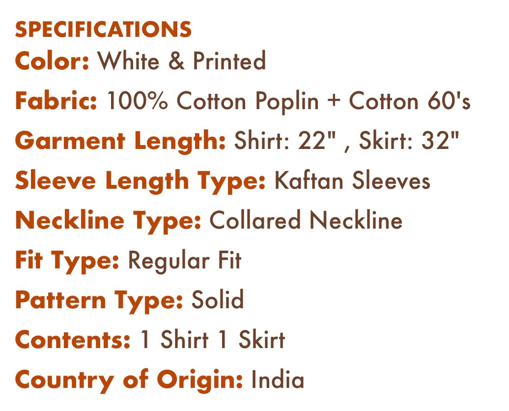 Product specifications for a white and printed garment set on a beige background