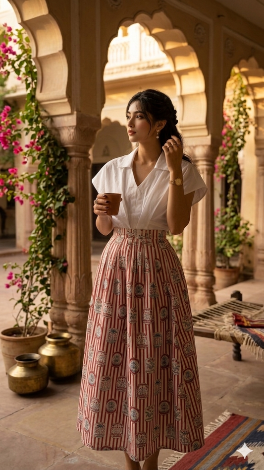 Woman in a white blouse and patterned skirt standing in an ornate outdoor setting with flowers and arches.
