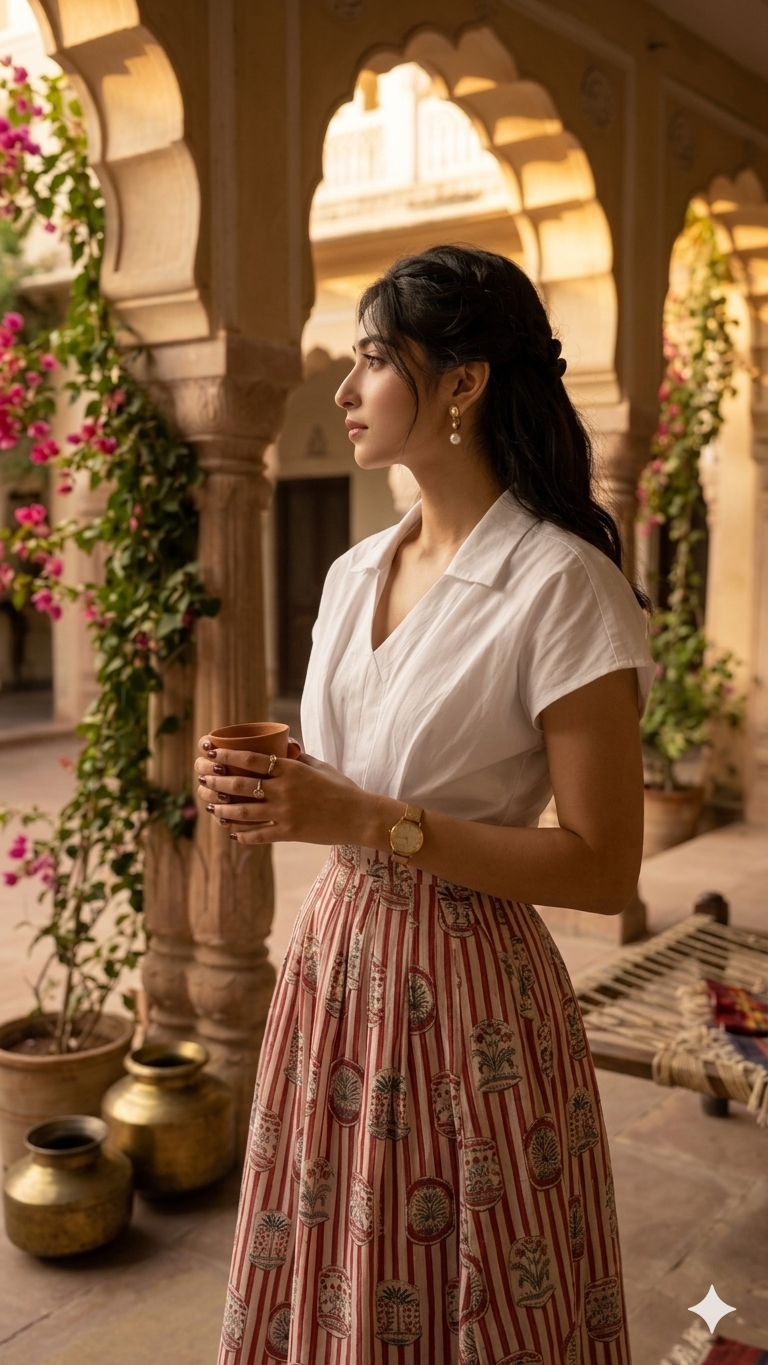 Woman in a white blouse and patterned skirt standing in an ornate outdoor setting.