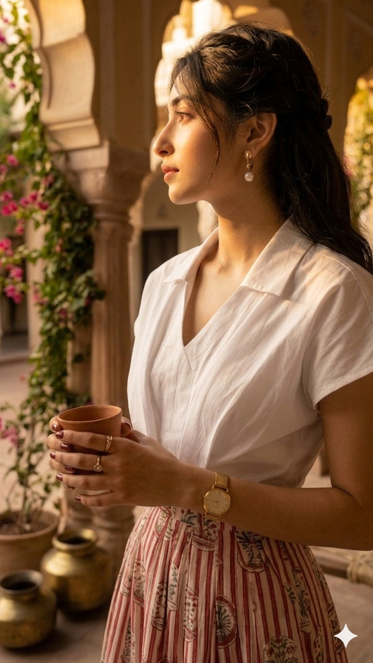 Woman holding a cup in an outdoor setting with decorative elements