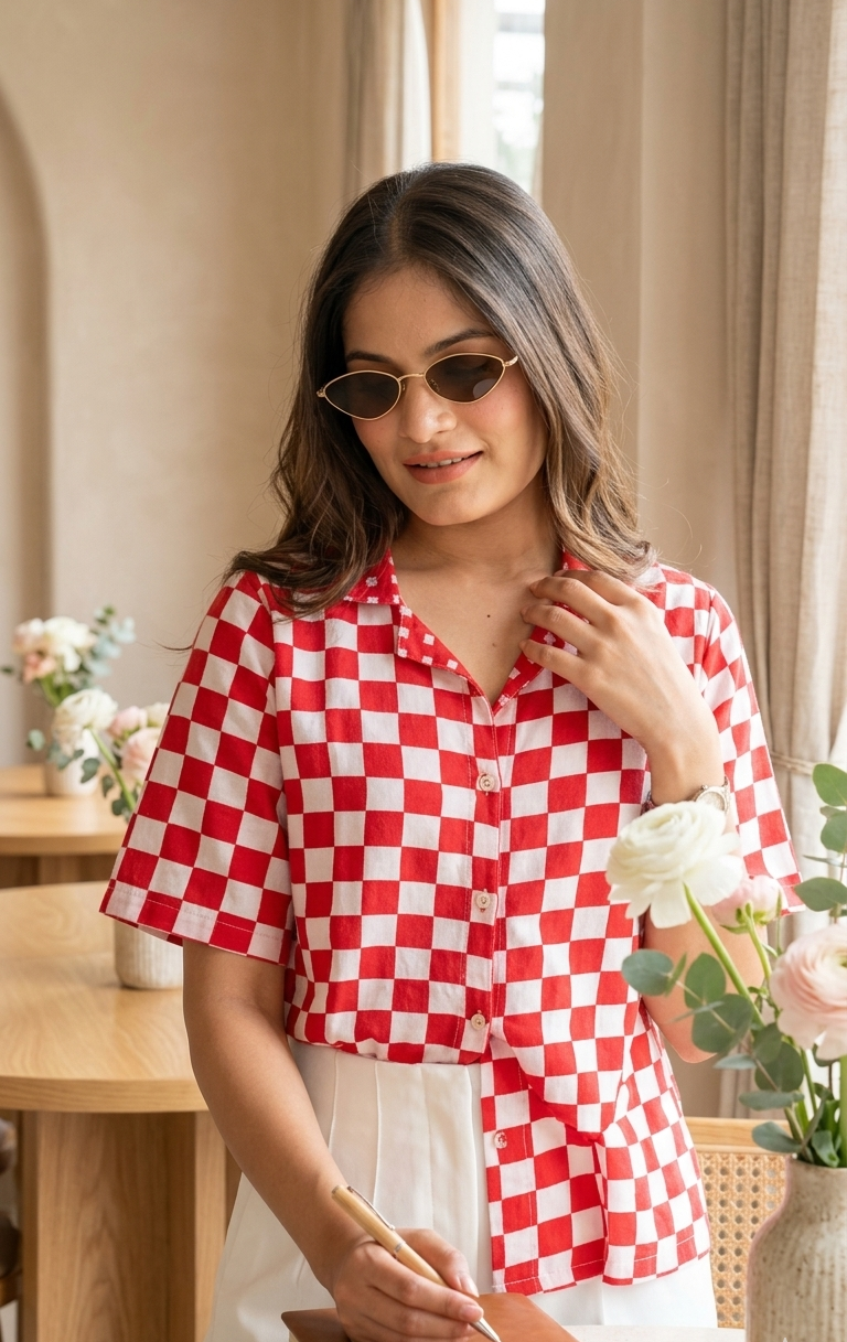 Woman wearing a red and white checkered shirt in a cozy indoor setting.