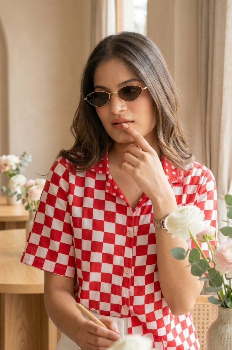 Woman wearing a red and white checkered shirt indoors with flowers and a table in the background.