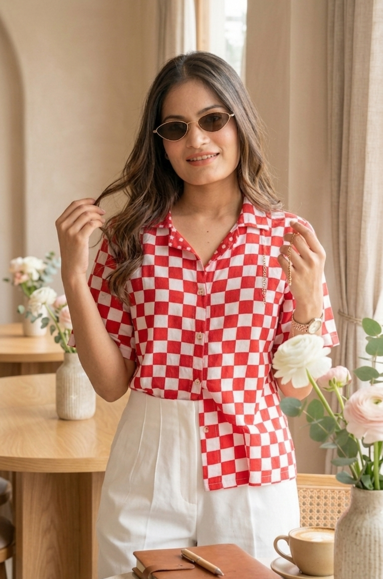 Woman wearing a red and white checkered shirt in a cozy indoor setting.