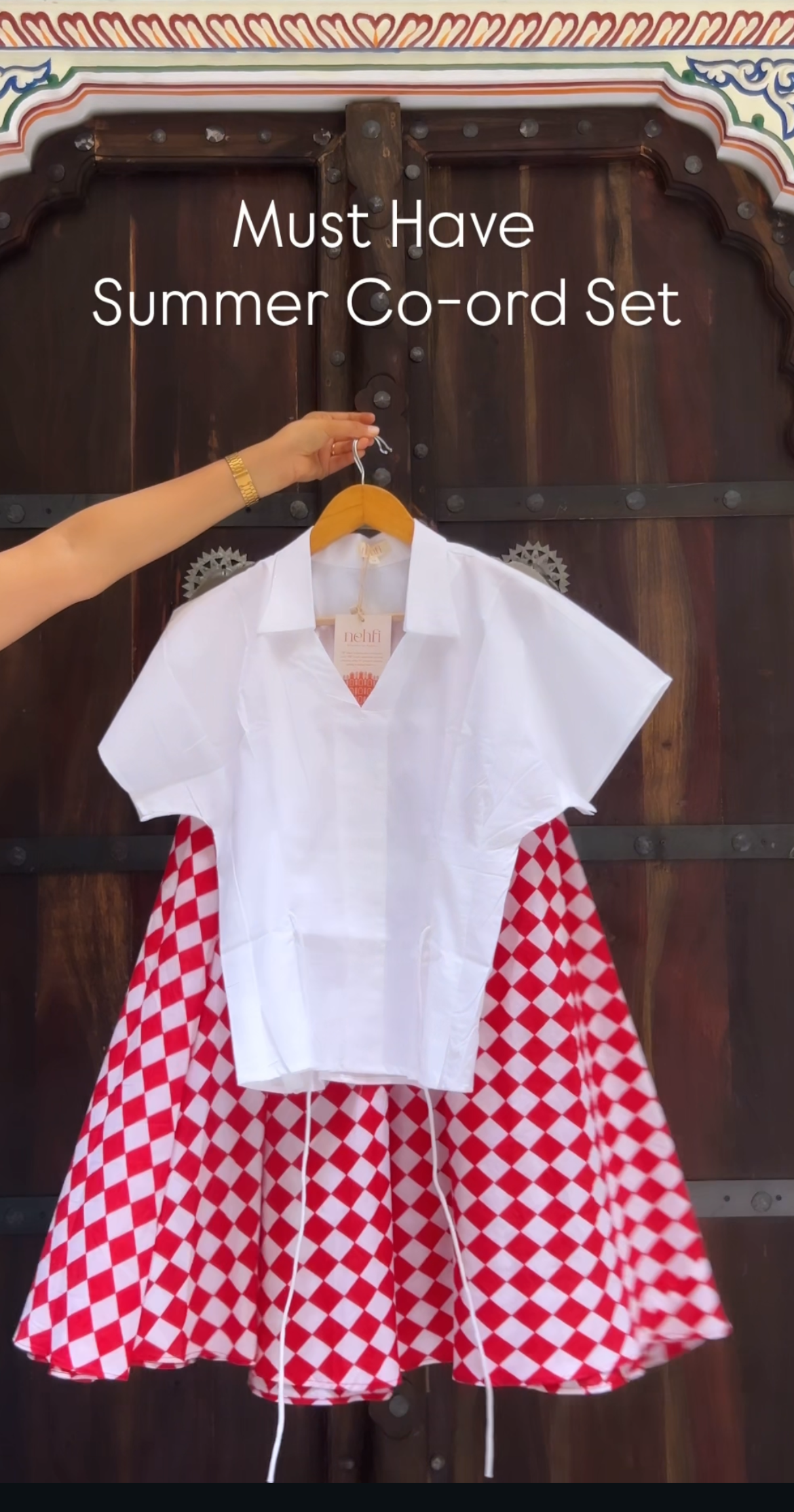 White shirt and red checkered pants set on a hanger with text 'Must Have Summer Co-ord Set'.