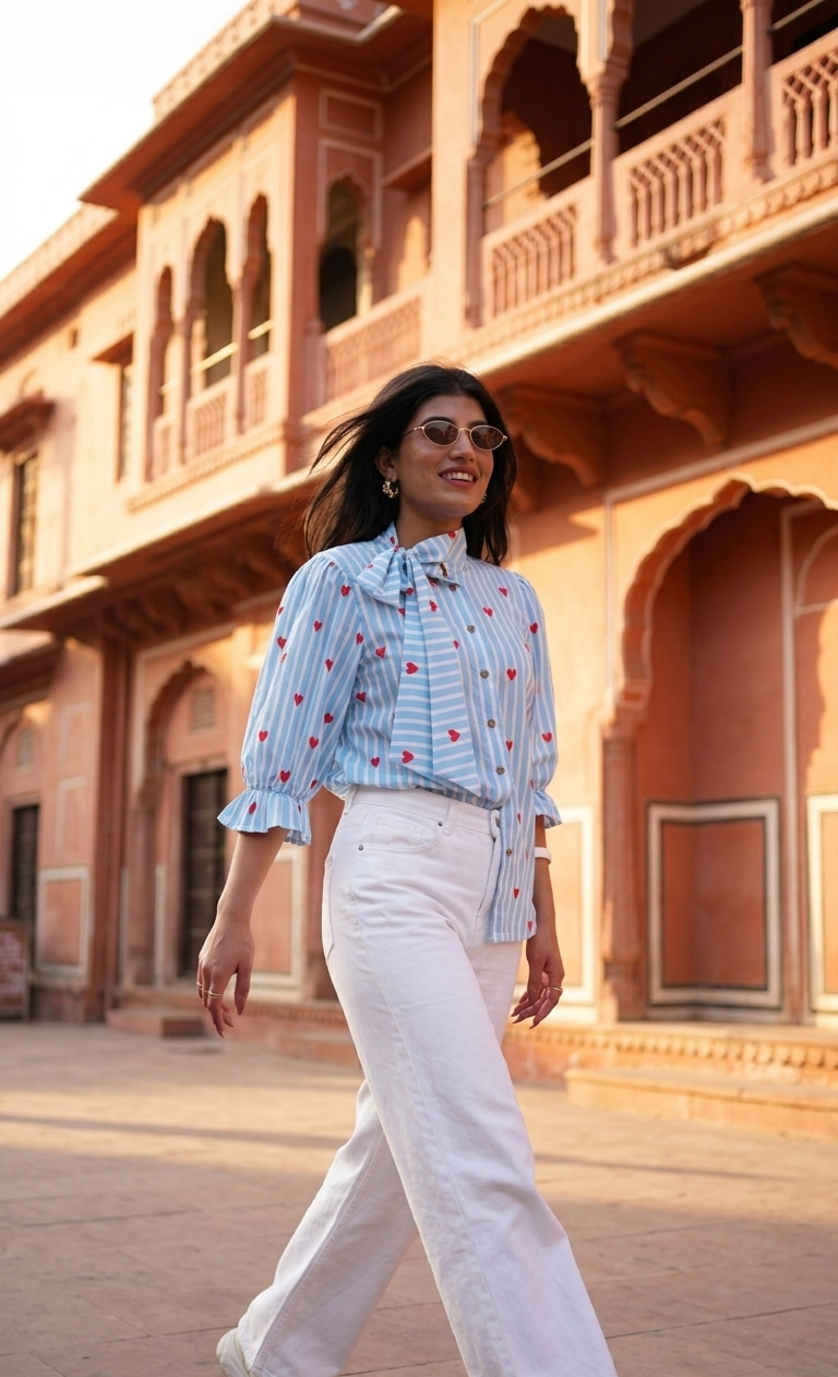 Woman walking in front of a historic building with architectural details
