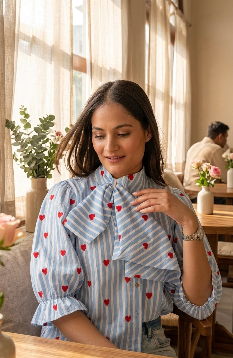 Woman adjusting her blouse with a heart pattern in a cozy room.