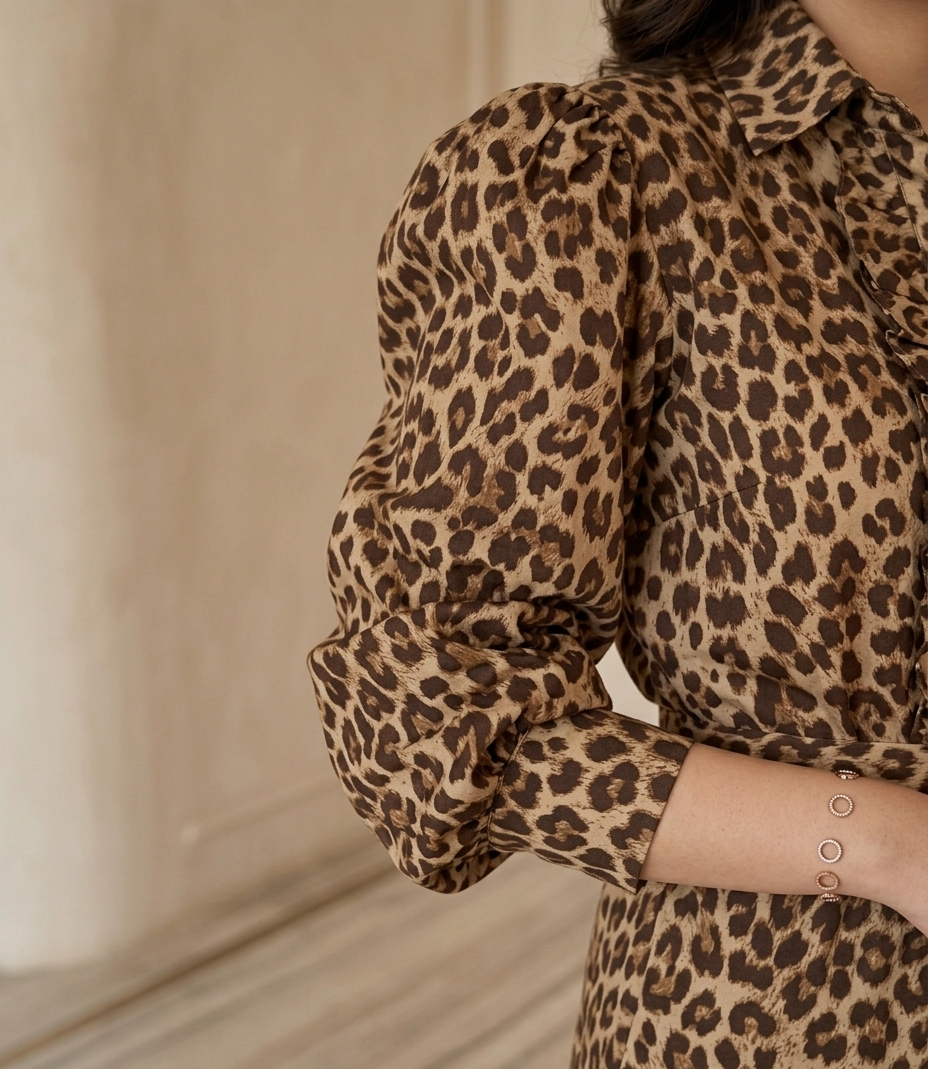 Leopard print blouse with long sleeves and a neutral background
