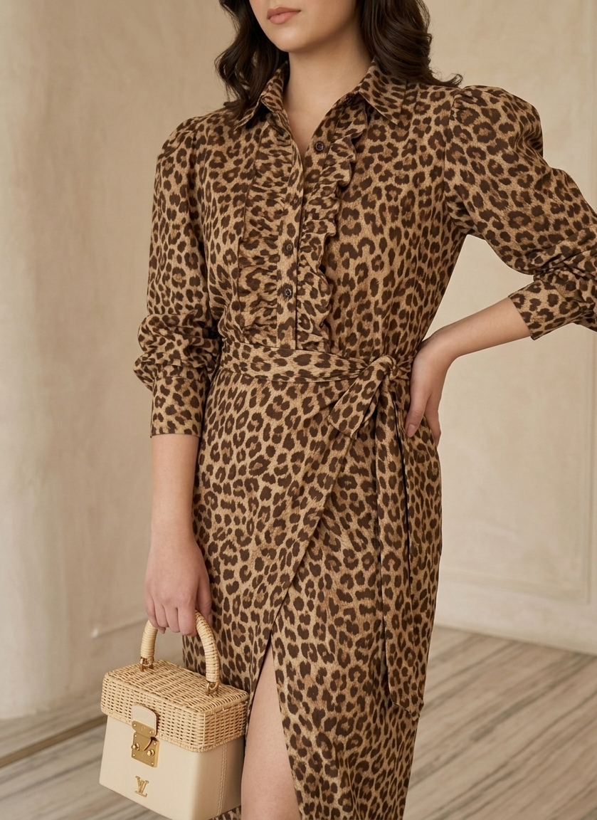 Woman wearing a leopard print dress holding a woven handbag indoors.