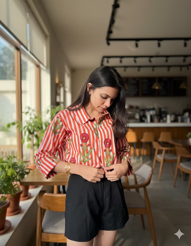 Woman in a red and white striped shirt with floral patterns in a casual setting