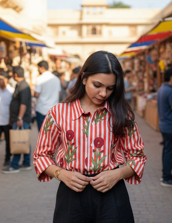 Woman wearing a red and white striped shirt with floral patterns in an outdoor market setting.