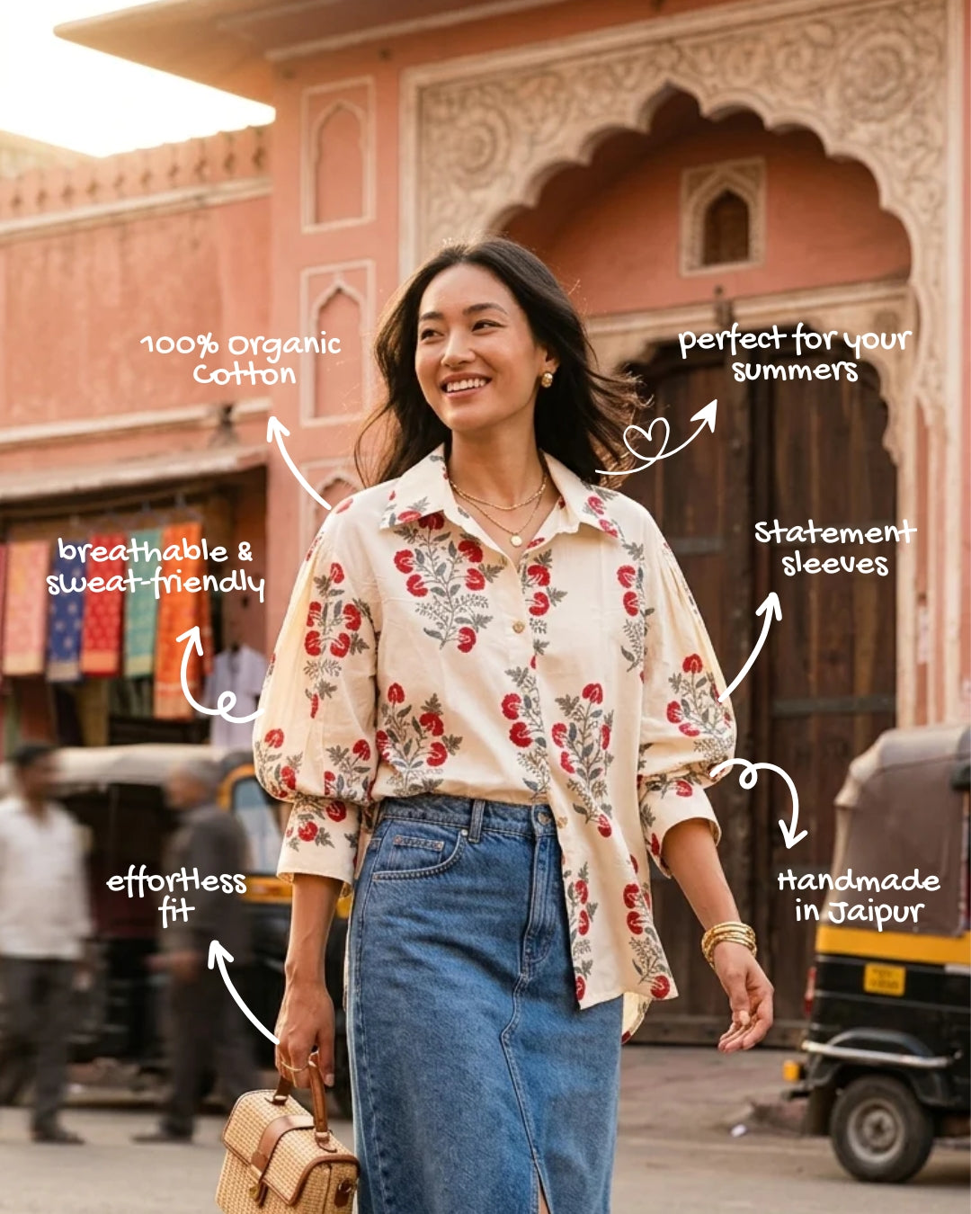 Woman wearing a floral blouse and jeans with text highlighting features, set against a colorful street backdrop.